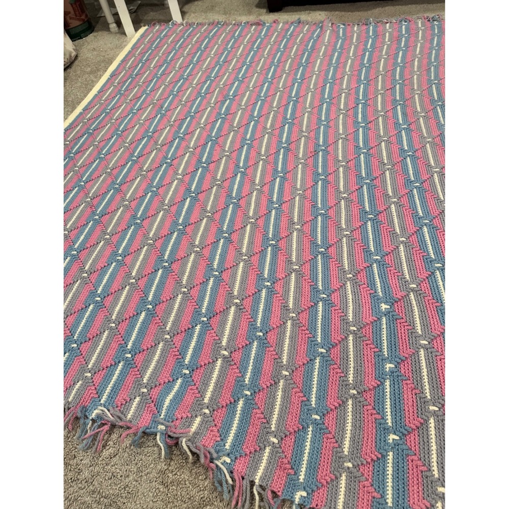 Handmade Crochet Blanket Throw Pink Blue‎ Gray White Striped Afghan Cottage - Picture 4 of 8